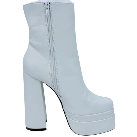 NIB White Platform Chunky Heel & Side Zip Edgy Retro Vegan Platform Boots - Picture 7 of 16